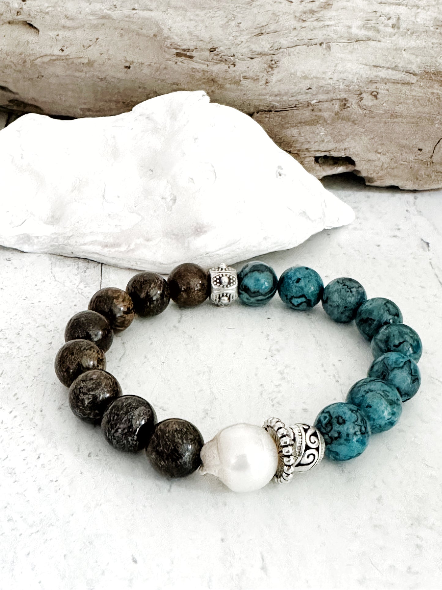 Boho Bracelet Gemstone Pearl Turquoise Silver Brown