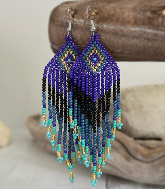 Native American Inspired Tassel Earrings Made with a Pattern in Pearl, Navy & Light Blue, Brown and Champagne