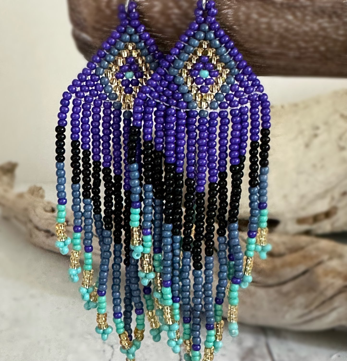 Native American Inspired Tassel Earrings Made with a Pattern in Pearl, Navy & Light Blue, Brown and Champagne