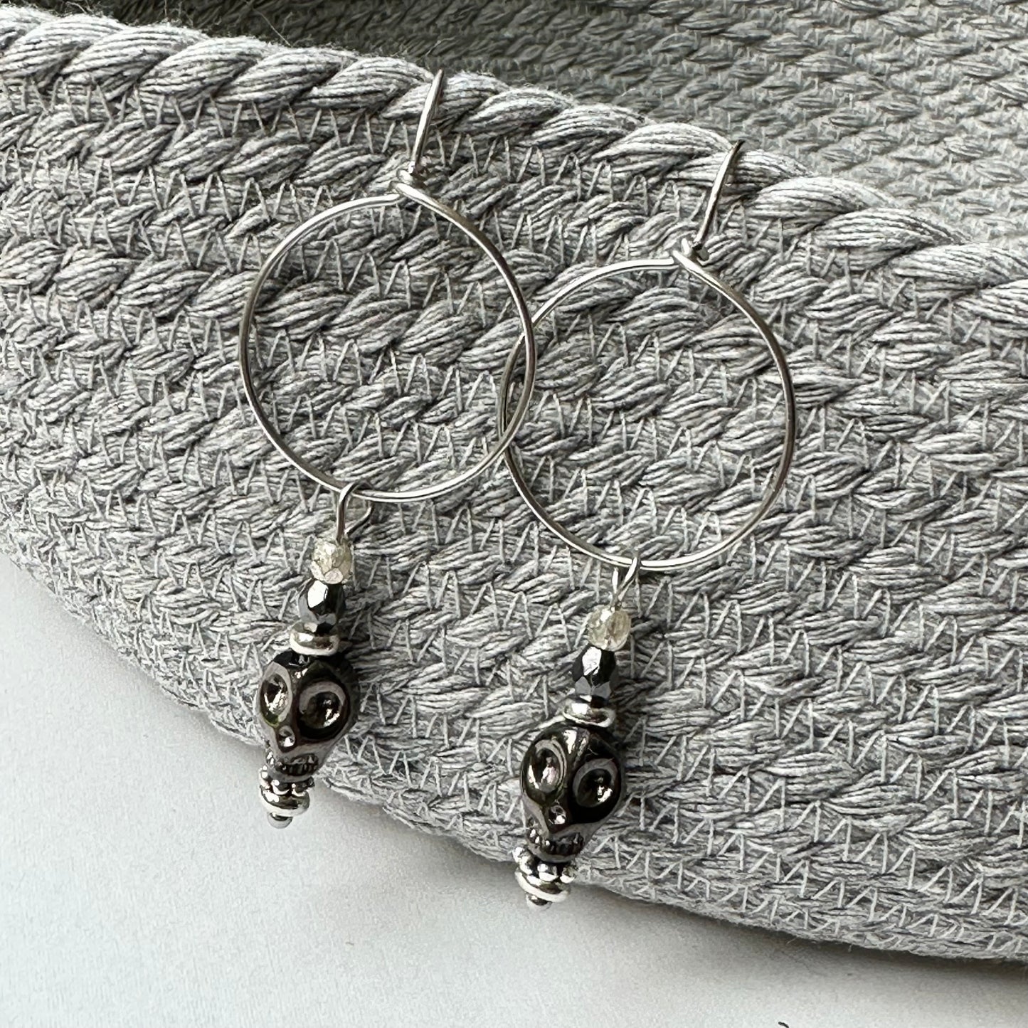 Silver and Black Crystal Skull Hoop Artisan Earrings