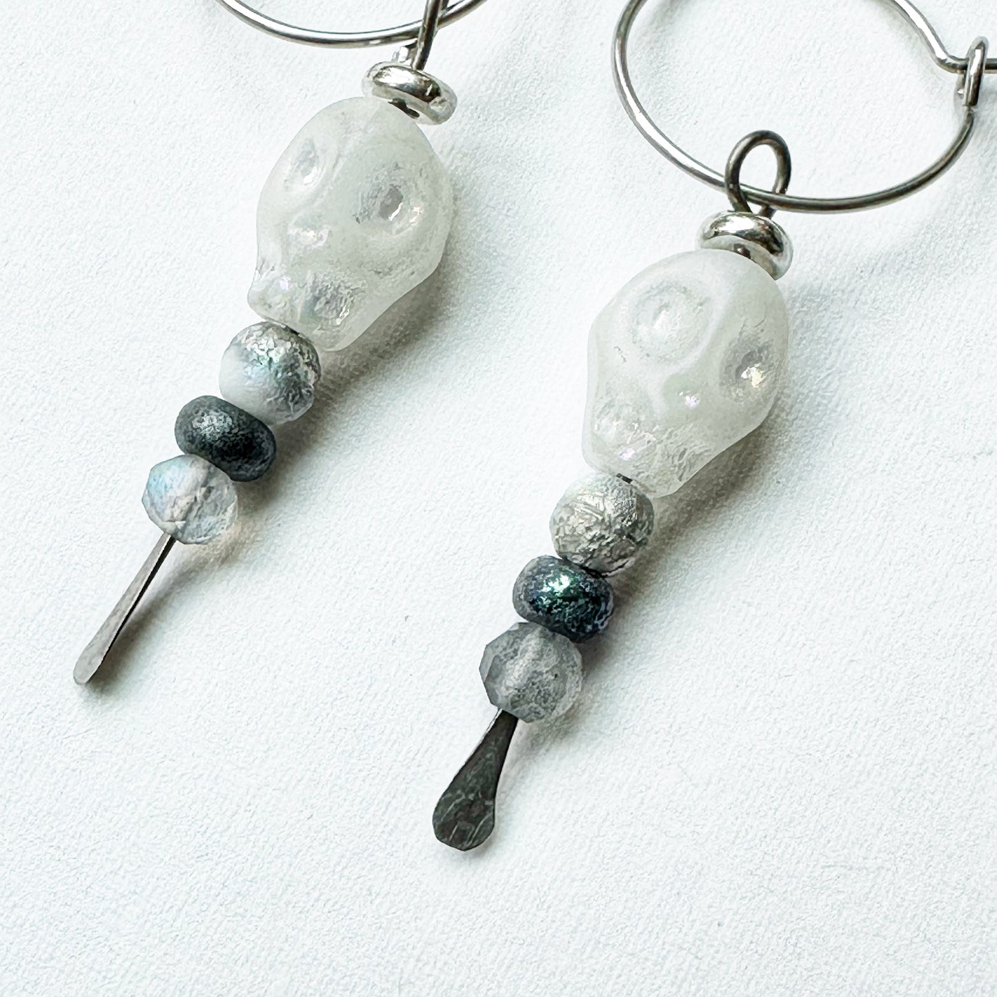 Artisan White and Silver Subtle White Crystal Skull Hoop Earrings