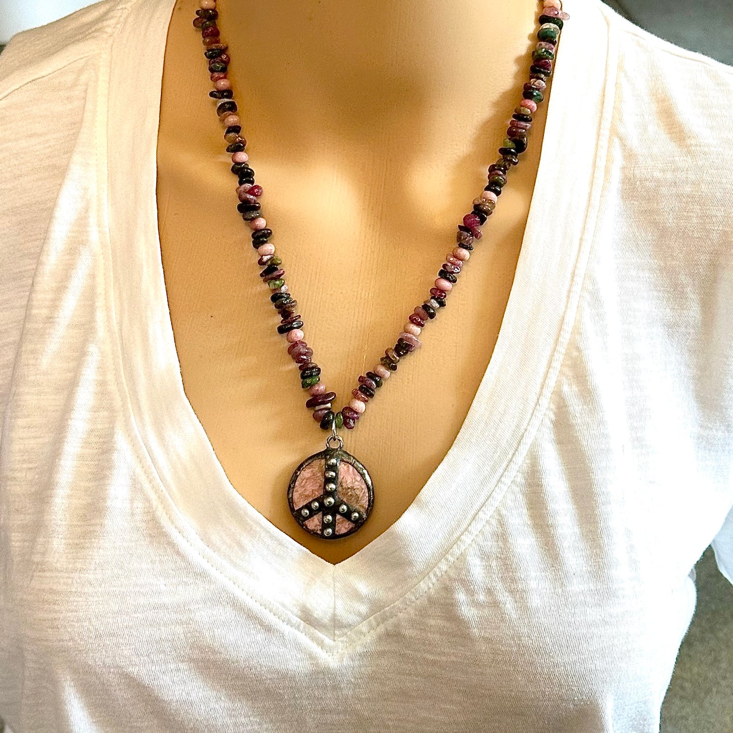 Peace Beaded Necklace with Semi-Precious Stones and an Artisan Peace Pendant