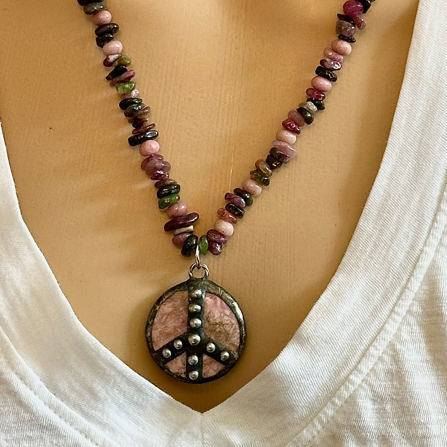 Peace Beaded Necklace with Semi-Precious Stones and an Artisan Peace Pendant