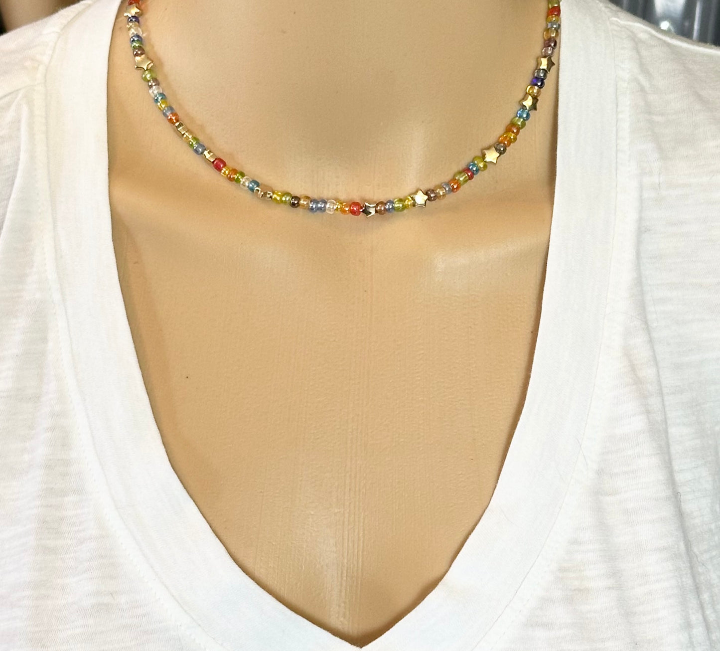 Rainbow Color Choker Beaded with Gold Stars Women Kids Unisex