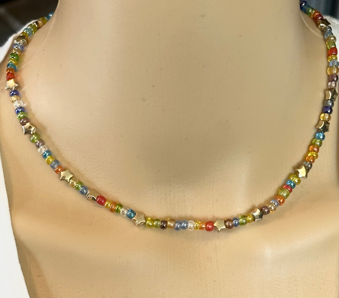 Rainbow Color Choker Beaded with Gold Stars Women Kids Unisex