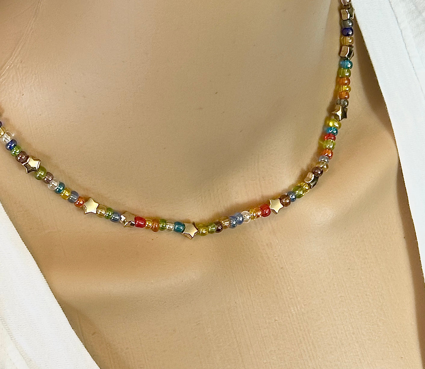 Rainbow Color Choker Beaded with Gold Stars Women Kids Unisex