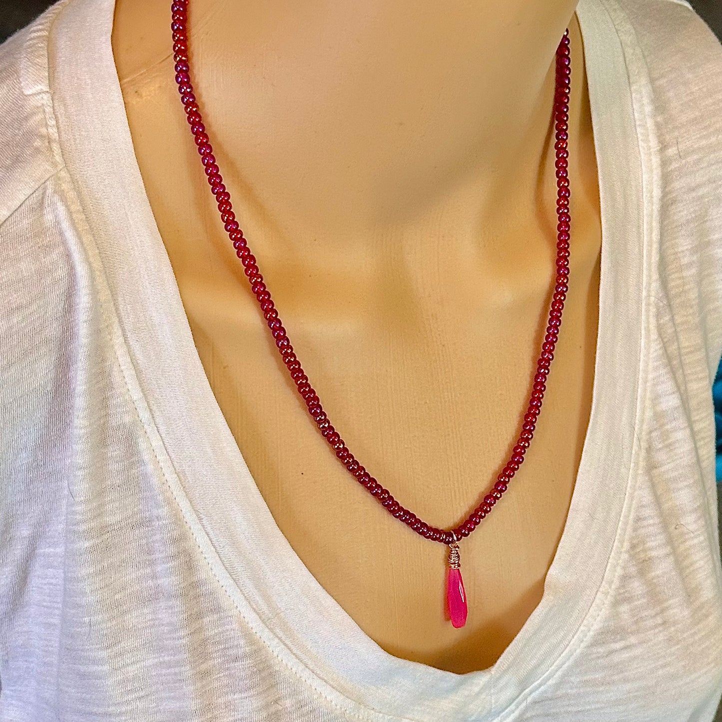 Pink Iridescent Beaded Stretch Necklace Hot Pink Pendant