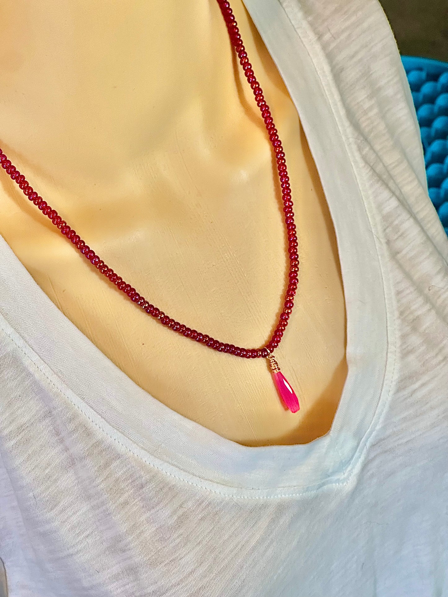 Pink Iridescent Beaded Stretch Necklace Hot Pink Pendant