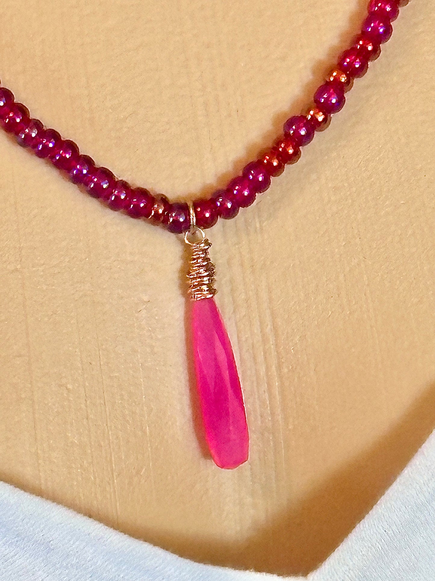 Pink Iridescent Beaded Stretch Necklace Hot Pink Pendant