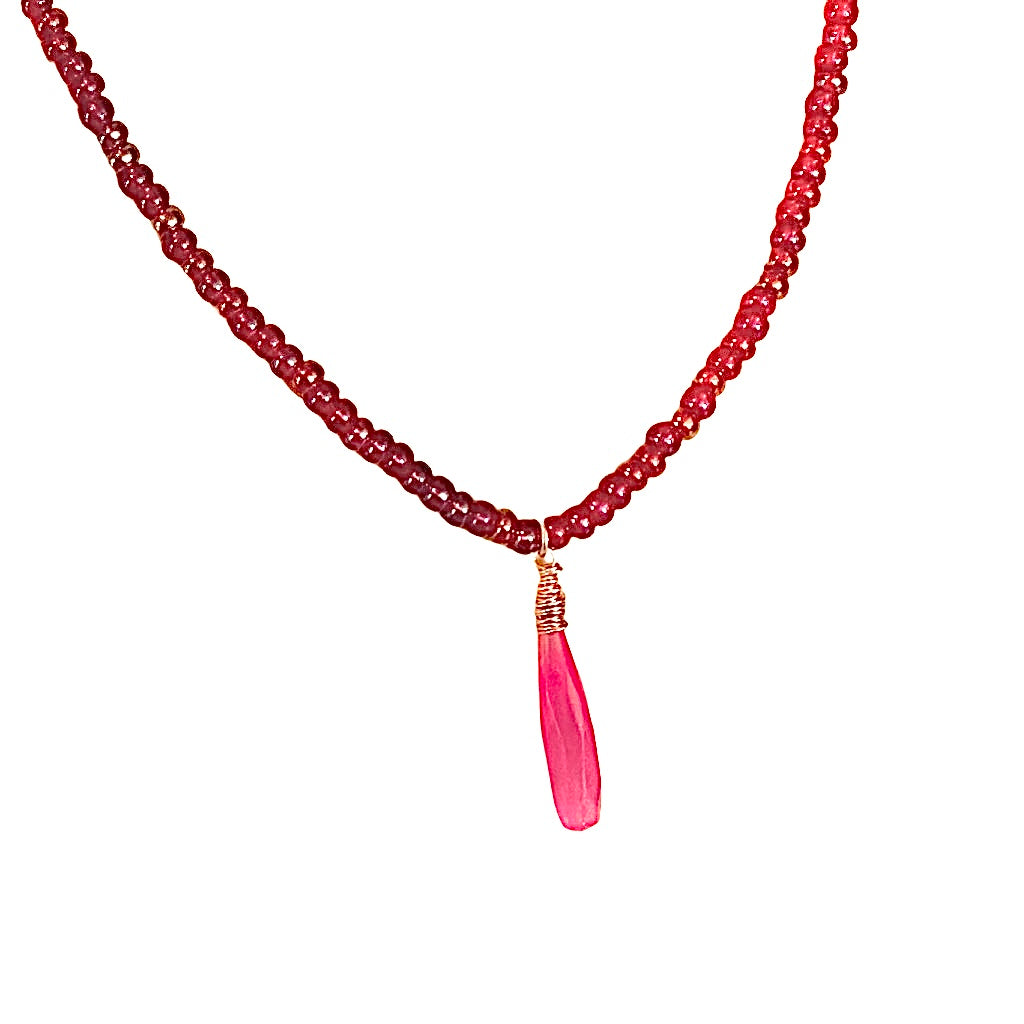 Pink Iridescent Beaded Stretch Necklace Hot Pink Pendant