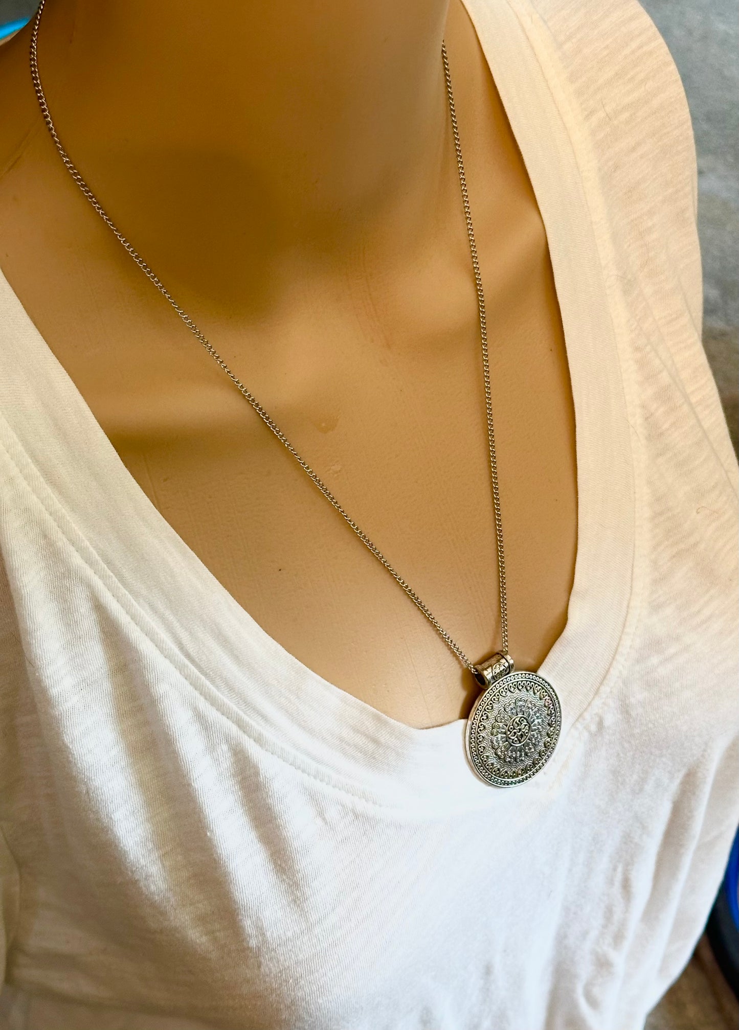 Silver Chain Necklace Pendant Disc Ethnic Inspired