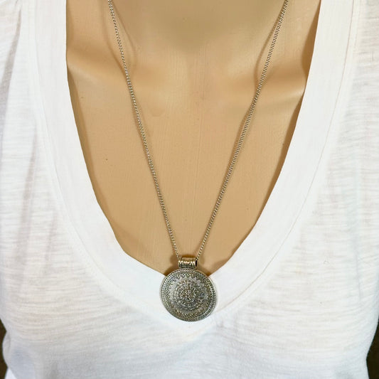 Silver Chain Necklace Pendant Disc Ethnic Inspired