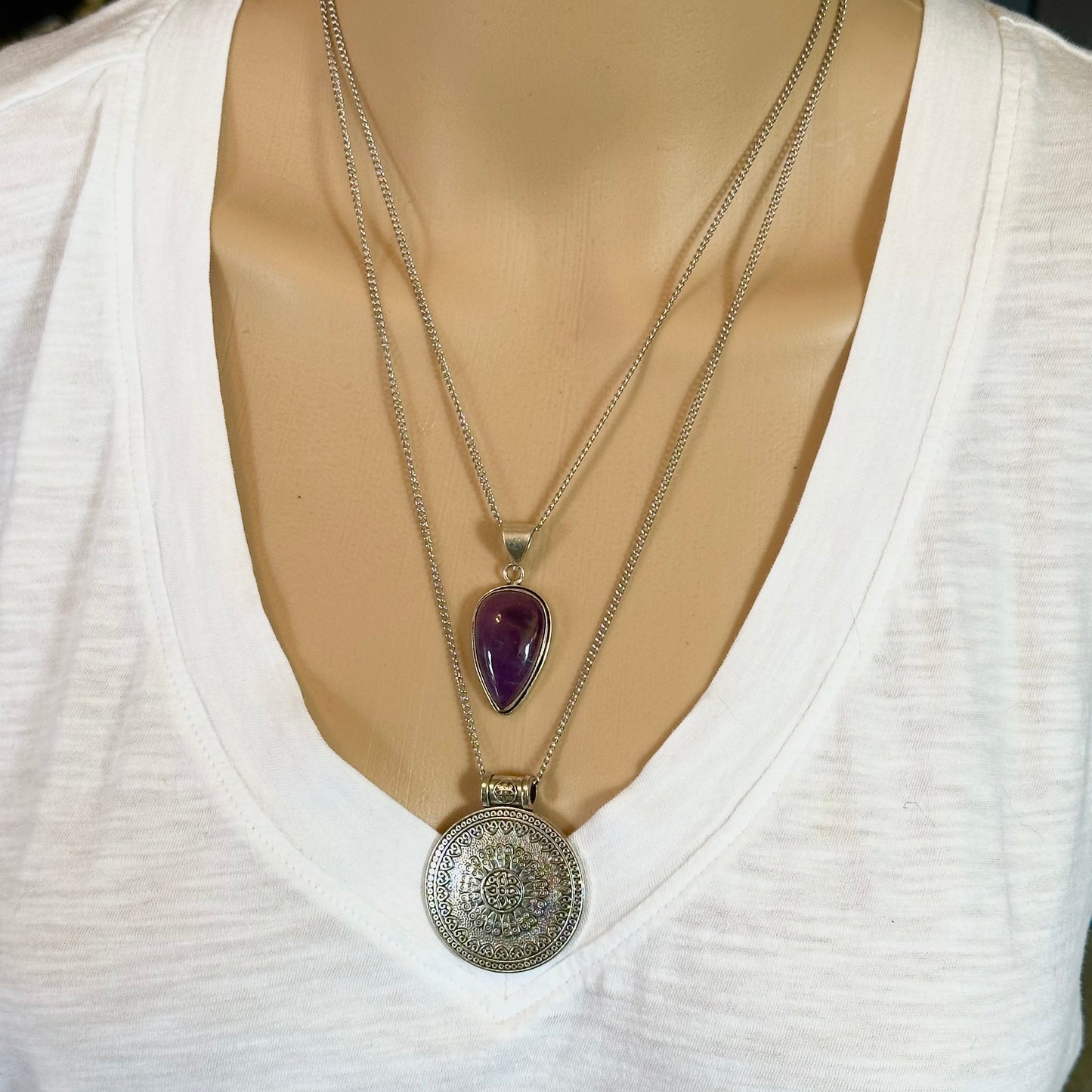 Silver Chain Necklace Amethyst Pendant