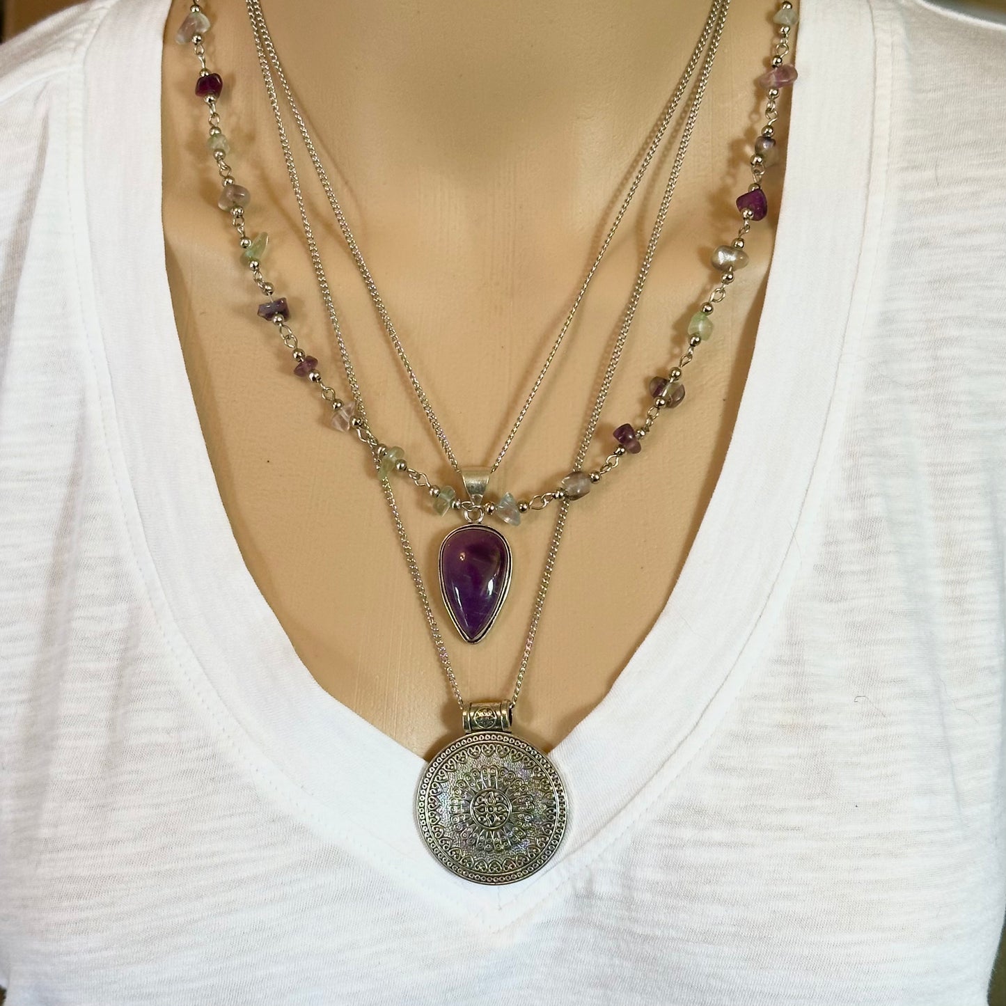 Silver Chain Necklace Amethyst Pendant