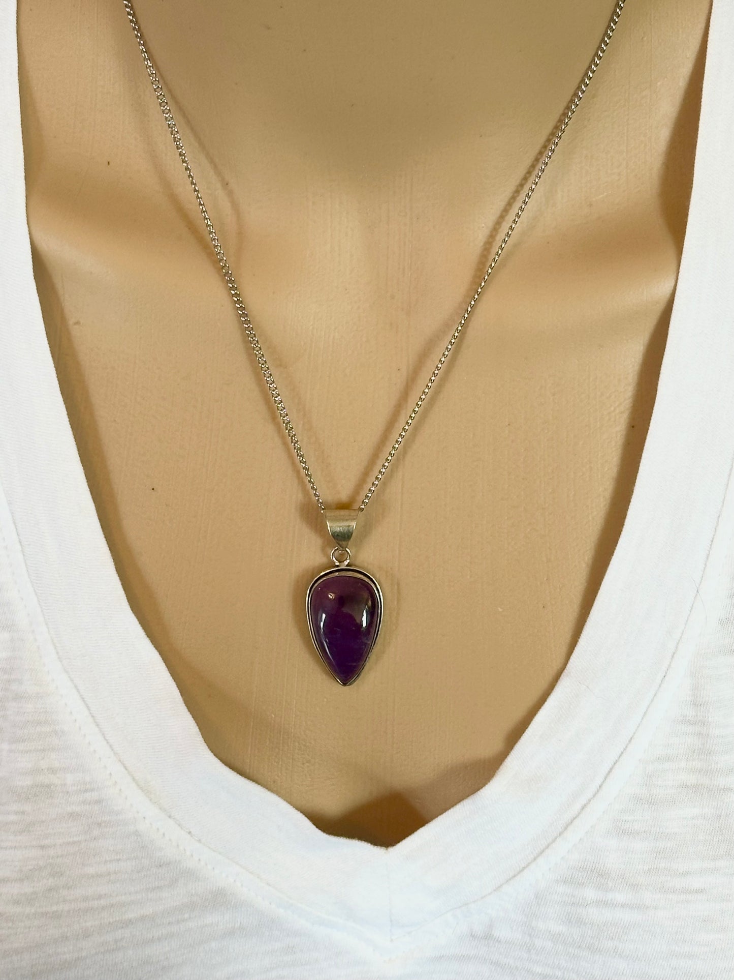 Silver Chain Necklace Amethyst Pendant