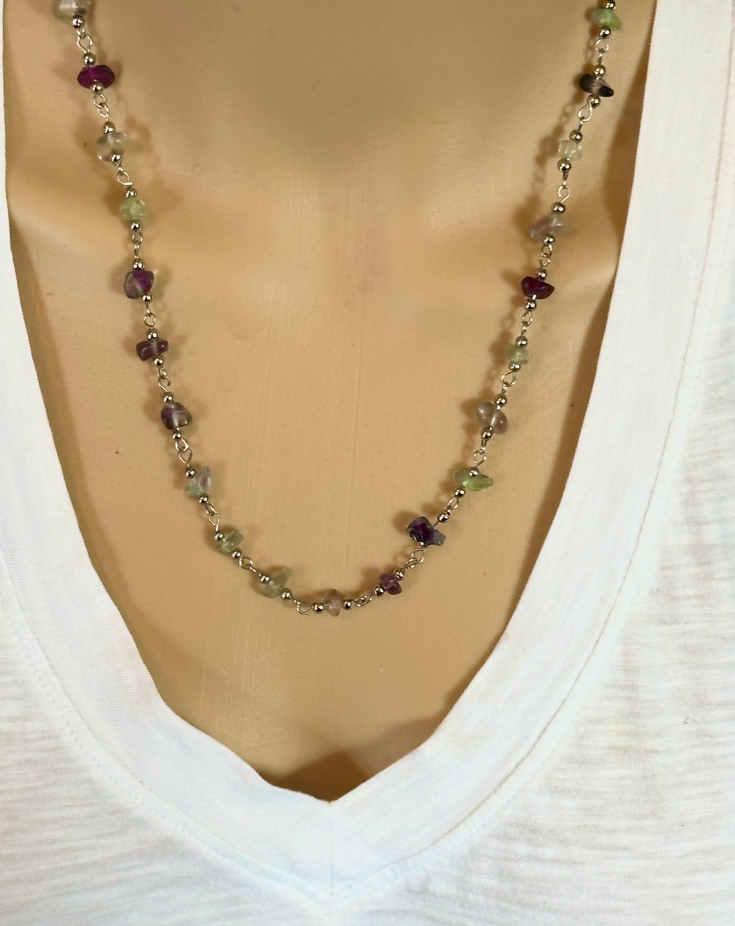 Silver Gemstone Necklace Chain Sea Green Purple