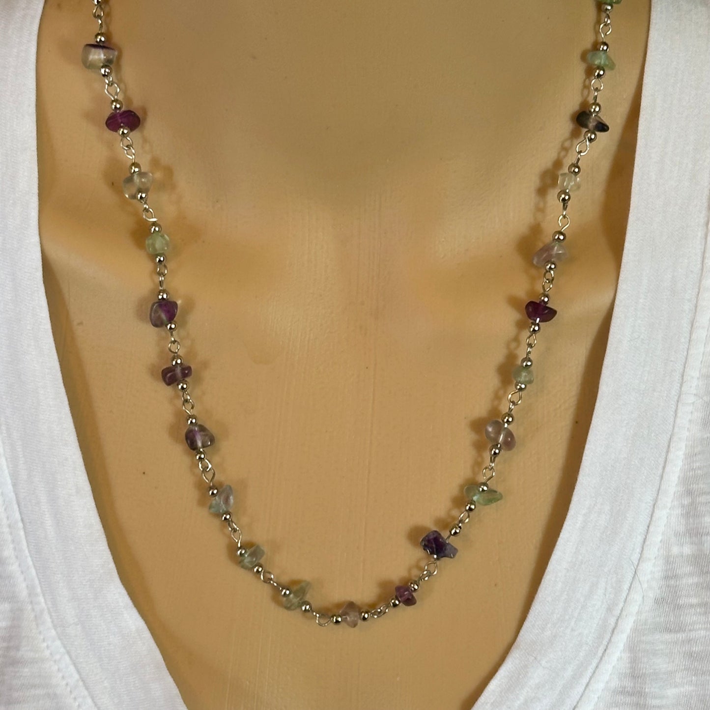 Silver Gemstone Necklace Chain Sea Green Purple