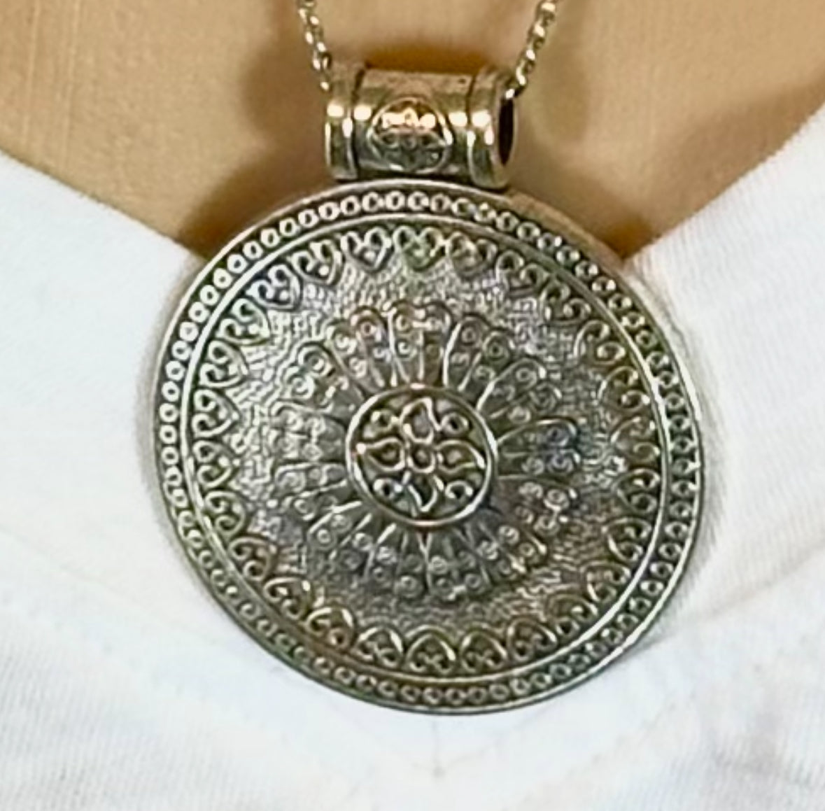 Silver Chain Necklace Pendant Disc Ethnic Inspired