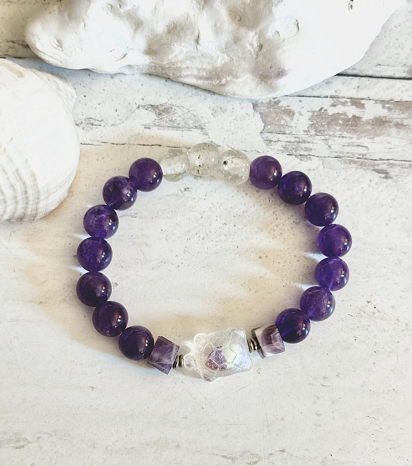 Beaded Bracelets Stretch Semi-Precious Amethyst African Recycled Beads Turtle Ocean