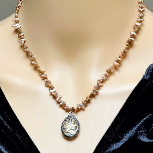 Boho Chic Gold Pearl Beaded Necklace with Artisan Crystal Pendant