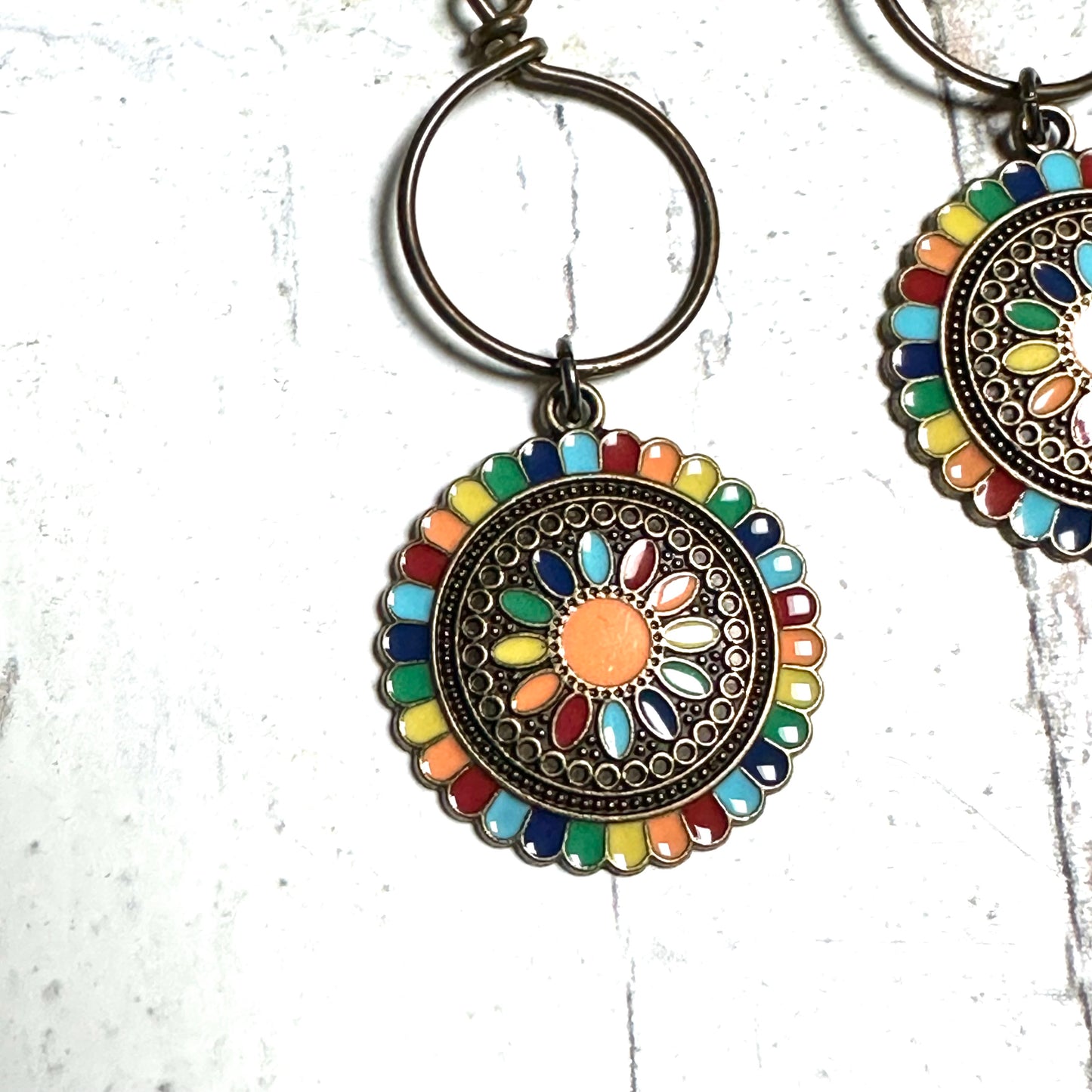 Bronze Hoops with Rainbow Mandala Charms