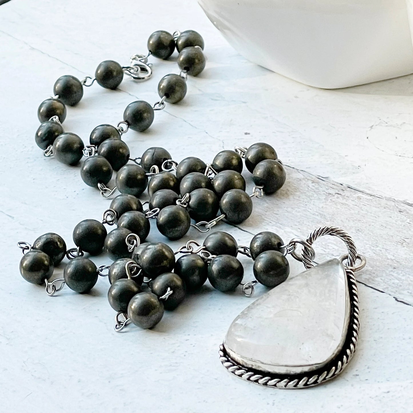 Womens Jewelry Necklace Beaded Gemstone Gray White Boho Chic