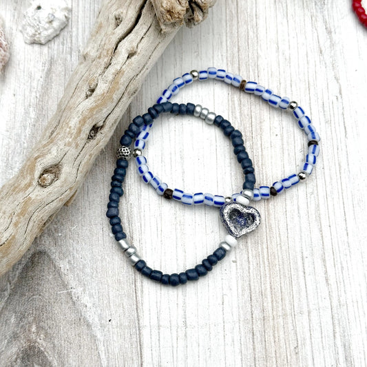 Beaded Stretch Bracelet Set Blue Heart