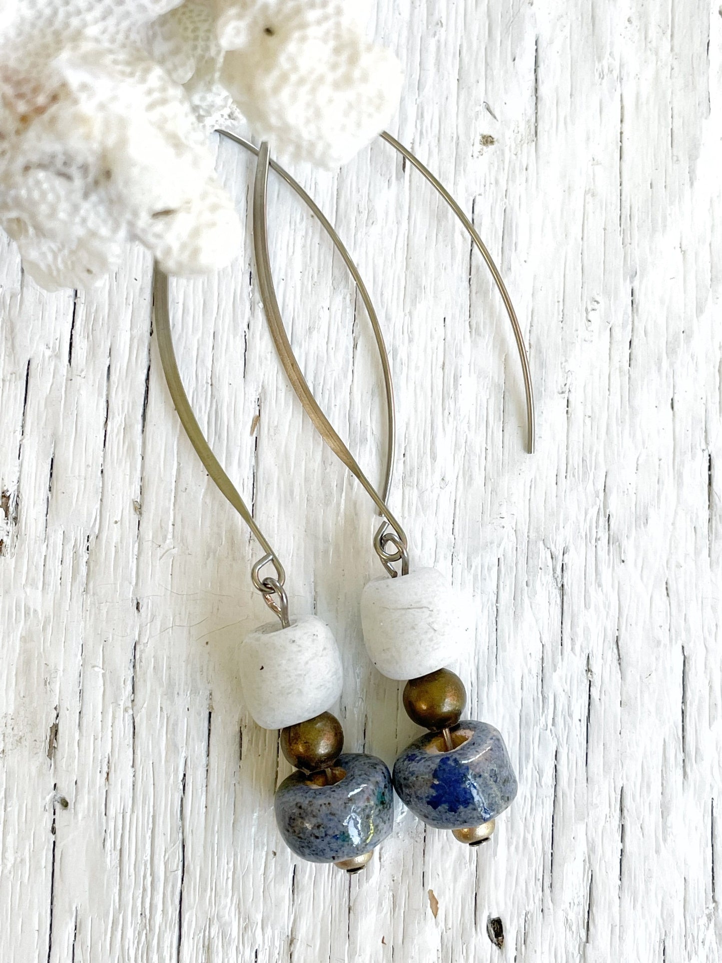 Earrings Jewelry Women Handmade Beach Inspired Blue White Artisan Ceramic