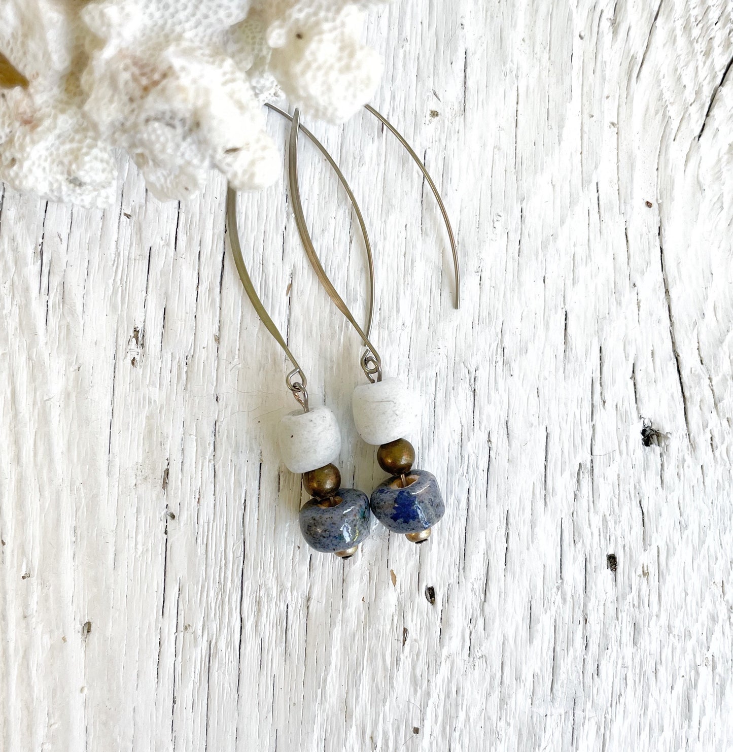 Earrings Jewelry Women Handmade Beach Inspired Blue White Artisan Ceramic