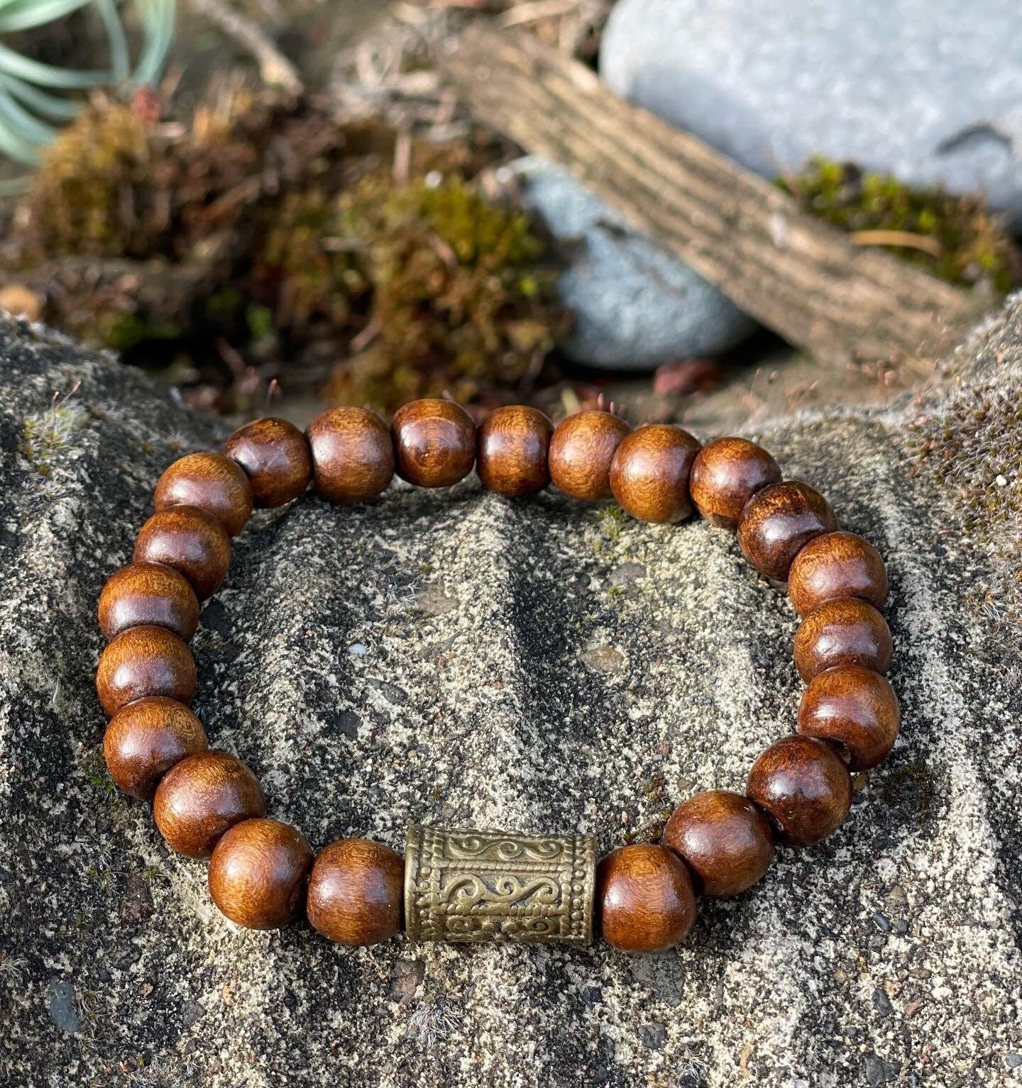 Mens Jewelry Bracelet Beaded Handmade Brown Silver Wood Stretch