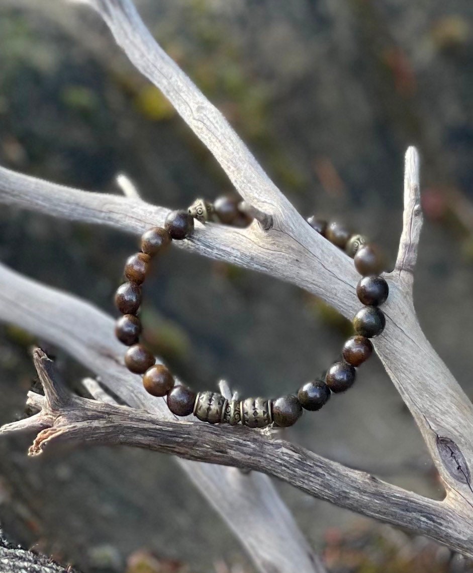 Men's Boho Jewelry Bracelet Bracelets Man Bead Beaded Beads Wood Green Dark Brown Brass Gift Gifts Handmade