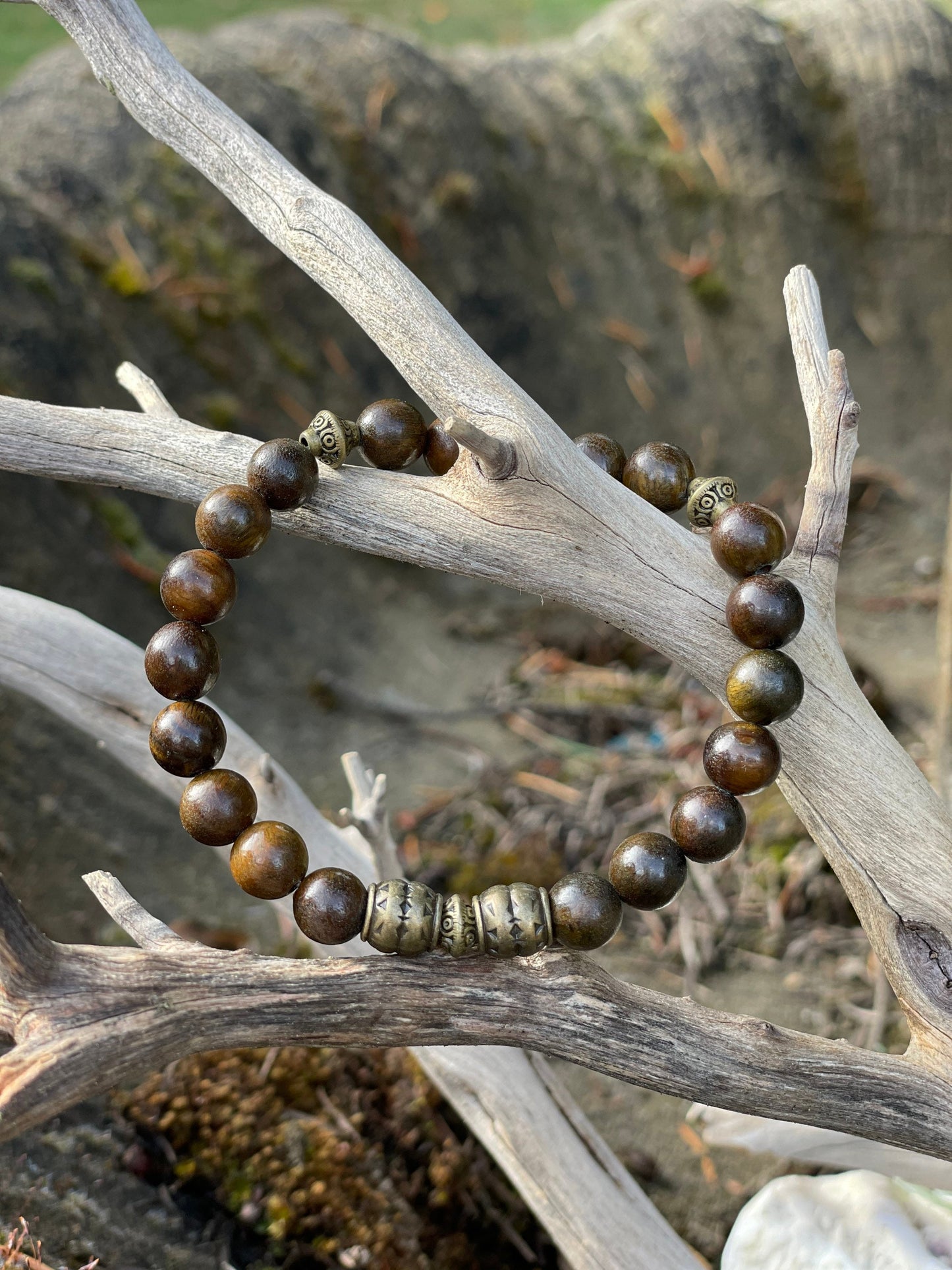 Men's Boho Jewelry Bracelet Bracelets Man Bead Beaded Beads Wood Green Dark Brown Brass Gift Gifts Handmade