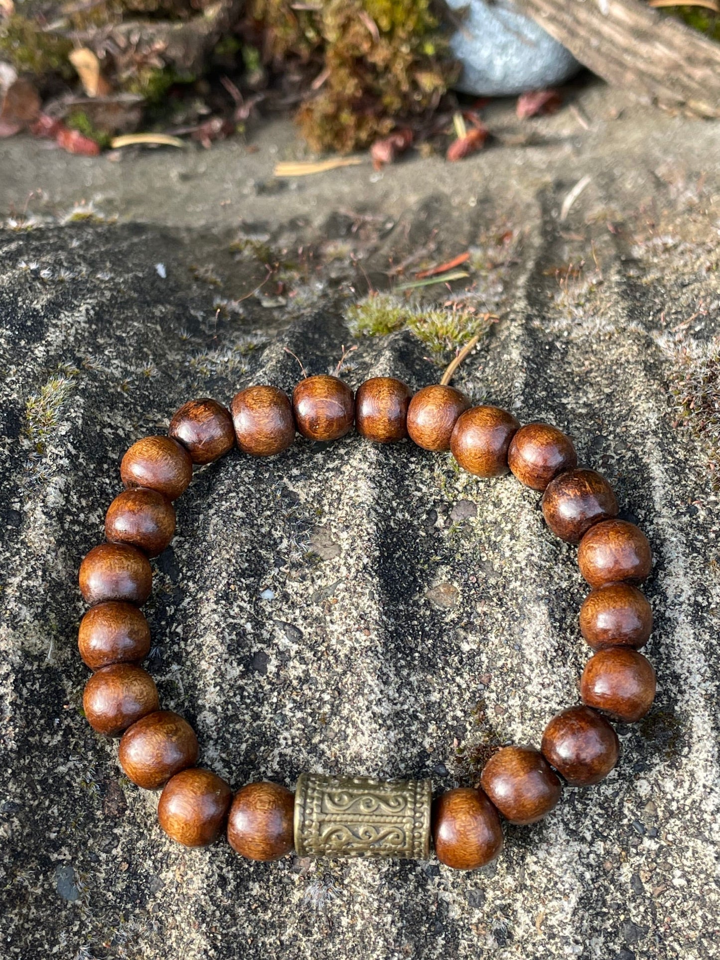 Mens Jewelry Bracelet Beaded Handmade Brown Silver Wood Stretch