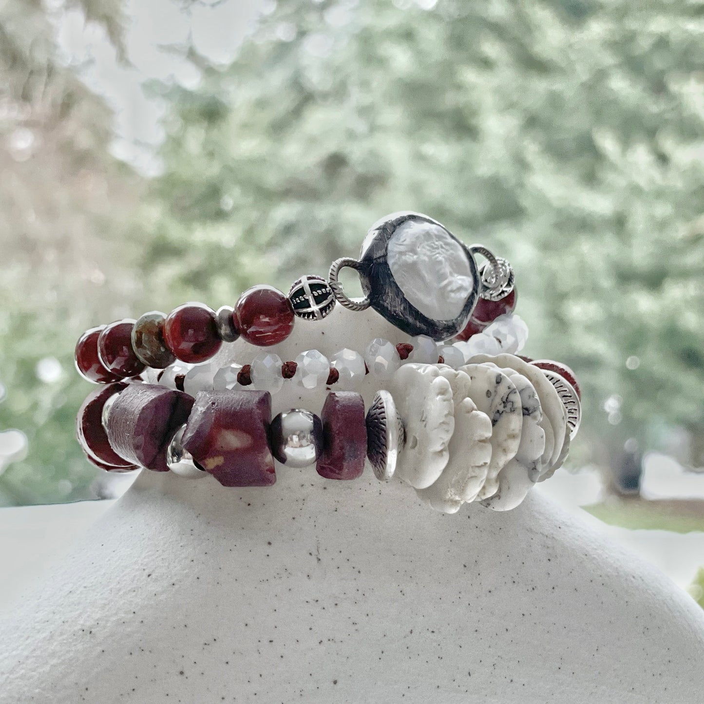 Jewelry Women Bracelets Boho Pearl Gemstone Artisan Crystal Red White