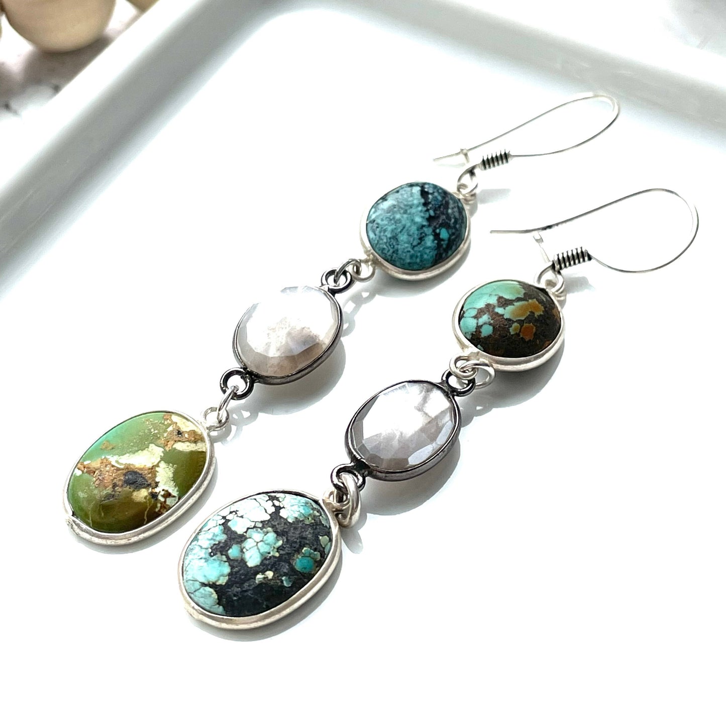 Earrings Jewelry Women Turquoise Sterling Silver Gemstone Moonstone Green White