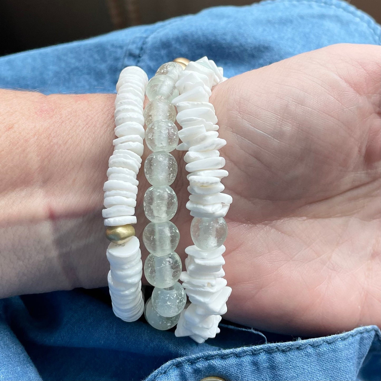 LEFT BRACELET Womens Jewelry Summer Beach White Green Recycled Glass Shell