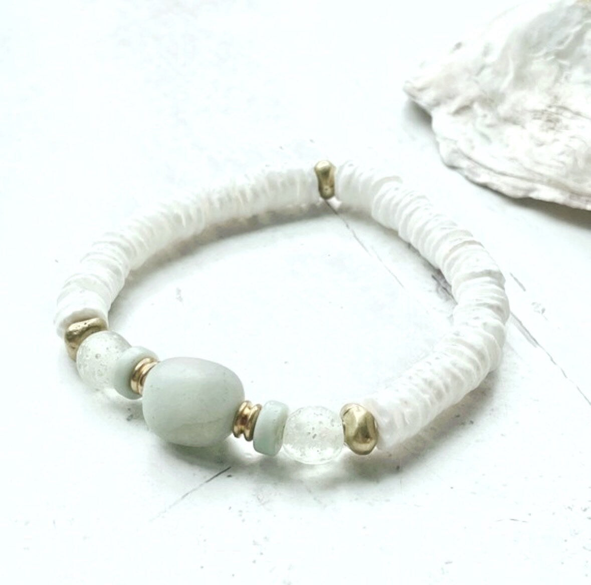 LEFT BRACELET Womens Jewelry Summer Beach White Green Recycled Glass Shell