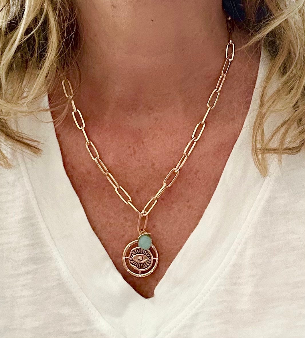 Necklace Gold Layered Boho Coin Blue Aquamarine Gemstone