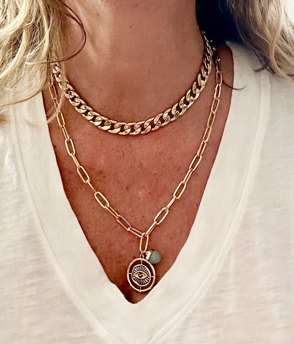 Necklace Gold Layered Boho Coin Blue Aquamarine Gemstone