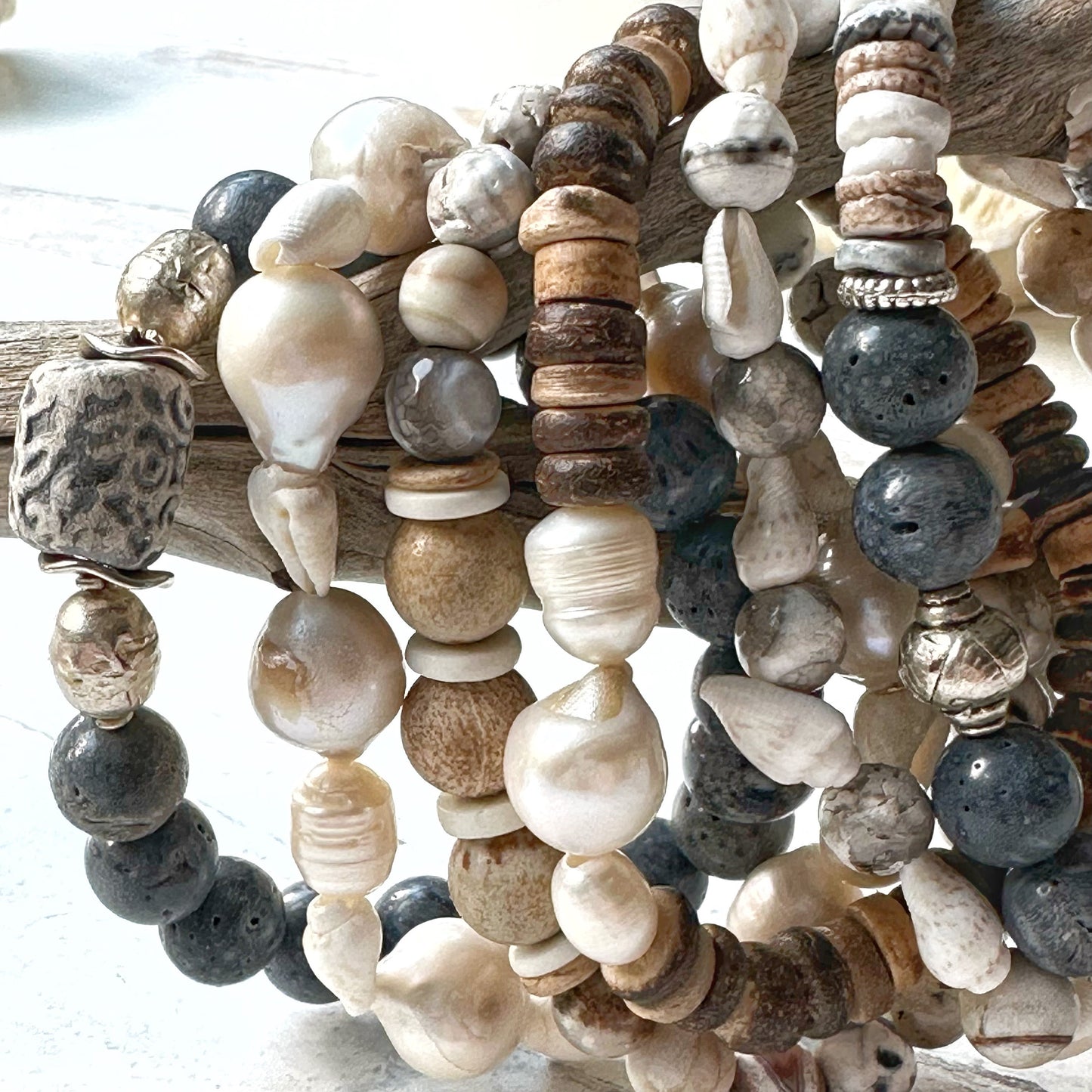 Jewelry Bracelet Beaded Women Gemstone Neutral Shells Beach