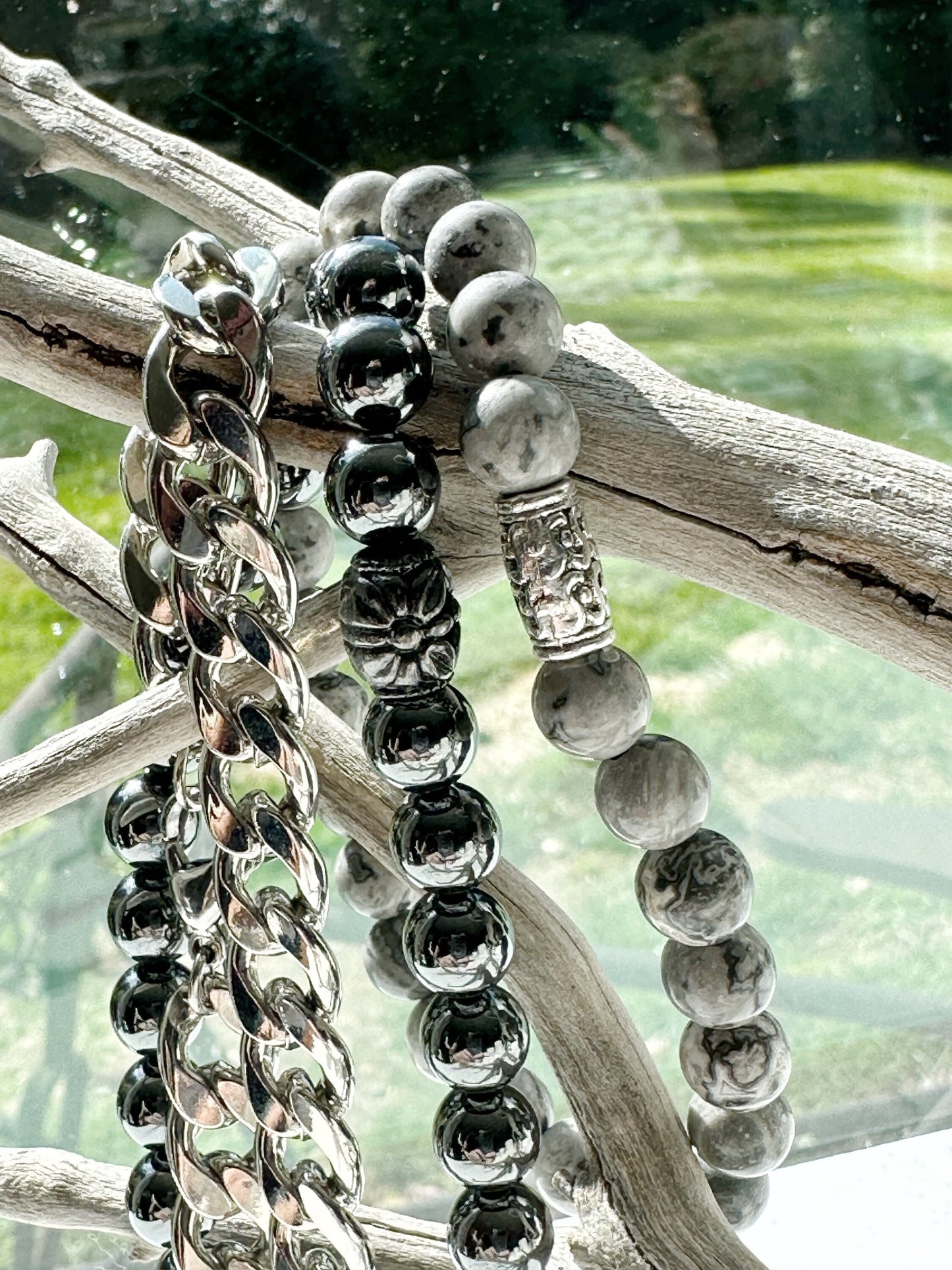 Mens Bracelet Gemstone Gray Silver Unisex