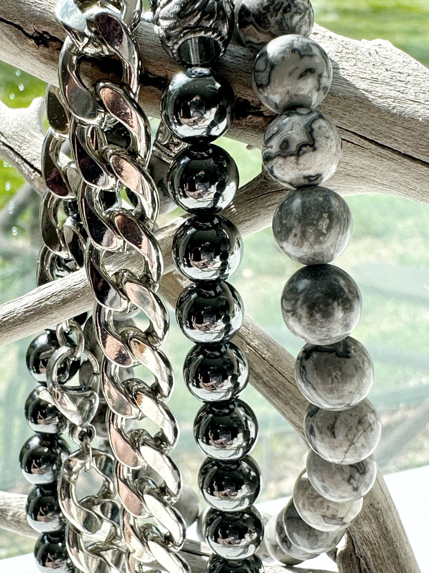 Mens Bracelet Gemstone Gray Silver Unisex