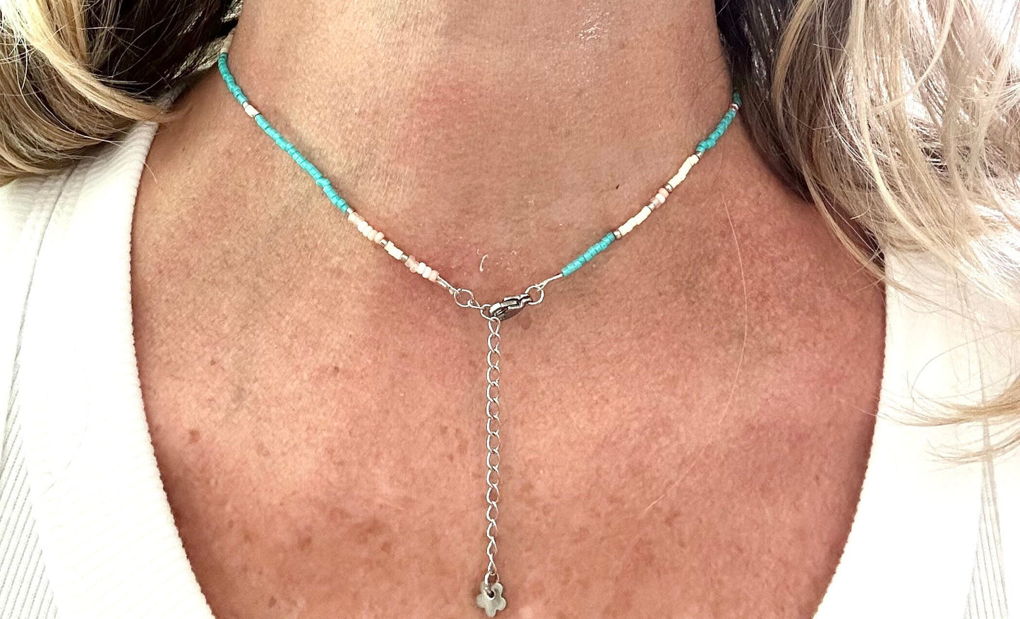 Beaded Choker Women Girls Gemstone Turquoise White