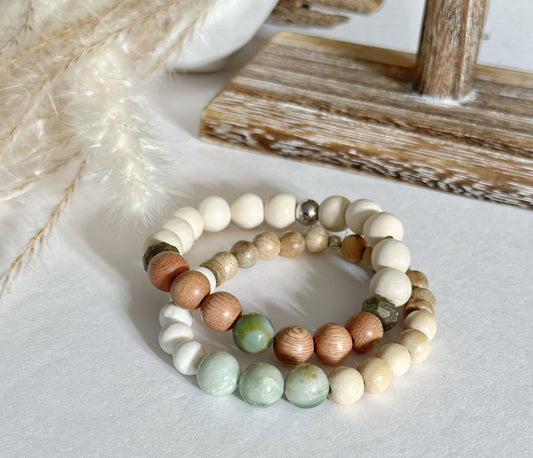 Jewelry Bracelets Beaded Gemstone Neutral Women White Cream Tan Beige Green