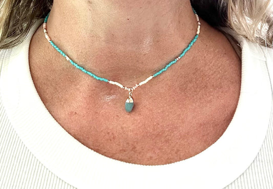 Beaded Choker Women Girls Gemstone Turquoise White