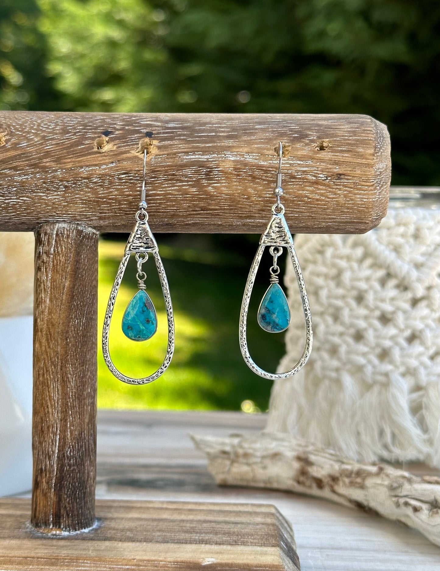 Turquoise Silver Earrings Teardrop Dangle Gemstone Boho Bohemian