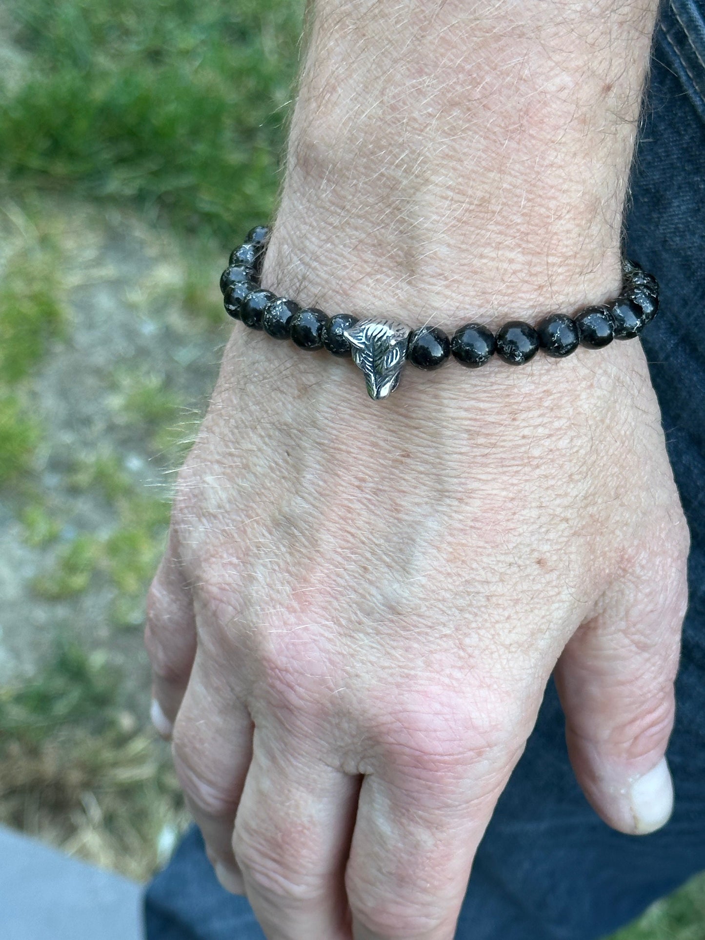 Bracelet Mens Unisex Gemstone Black Sterling Silver Wolf