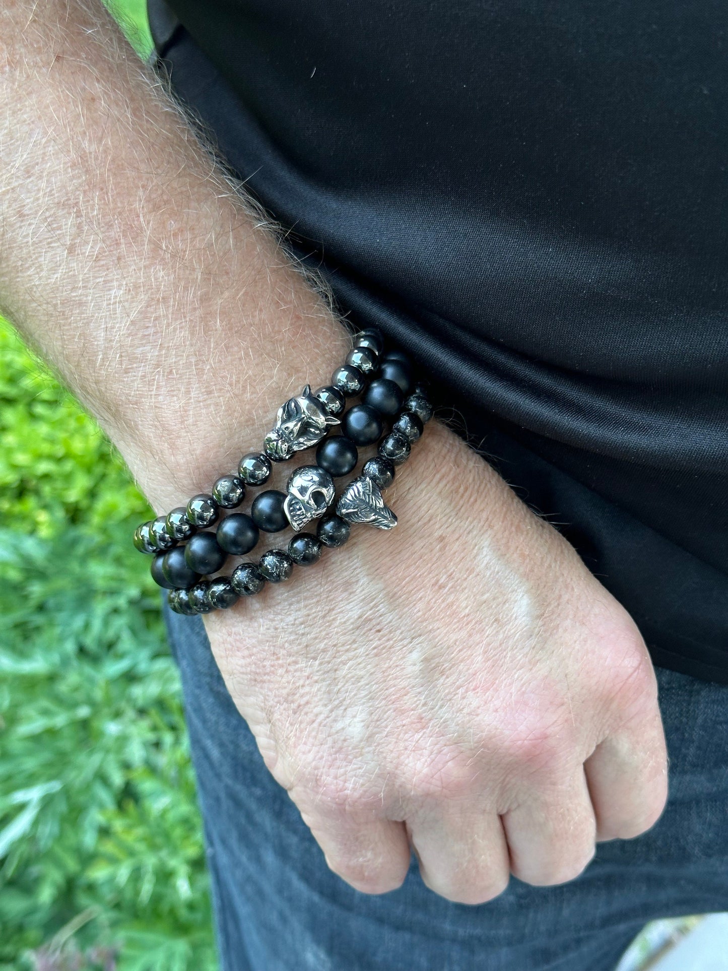 Bracelet Mens Unisex Gemstone Black Sterling Silver Wolf