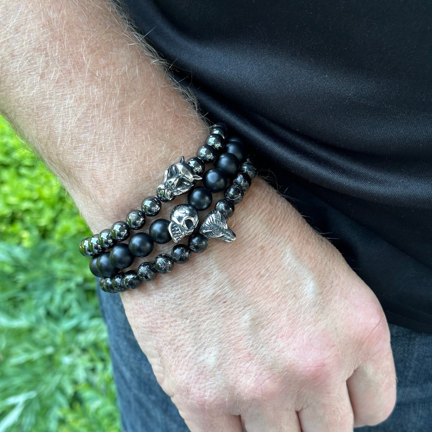 Mens Unisex Jewelry Bracelet Black Gemstone Panther Stainless Steel