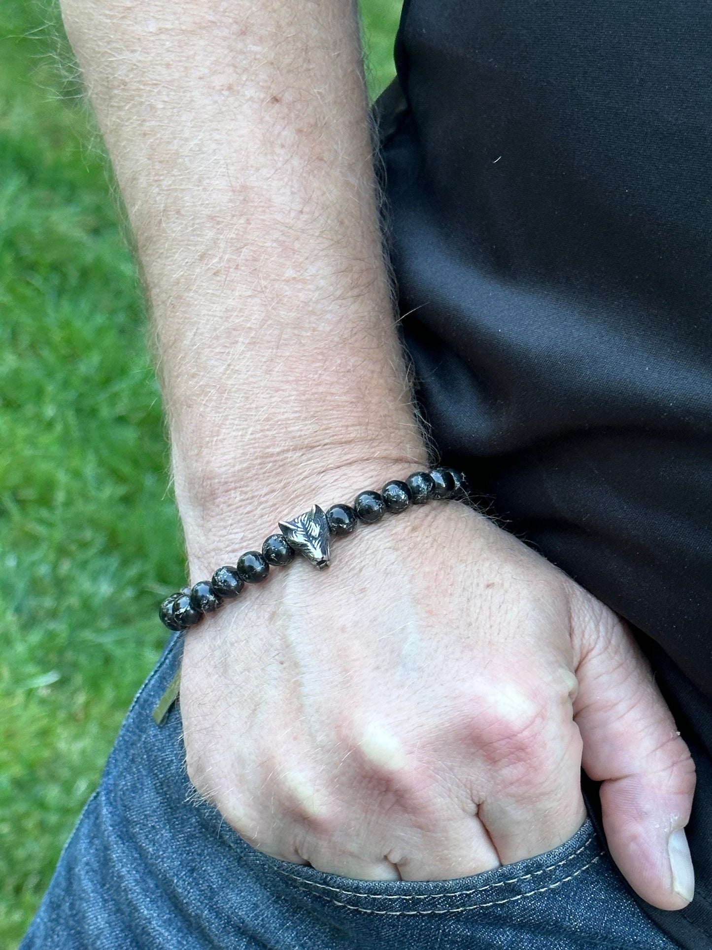 Bracelet Mens Unisex Gemstone Black Sterling Silver Wolf